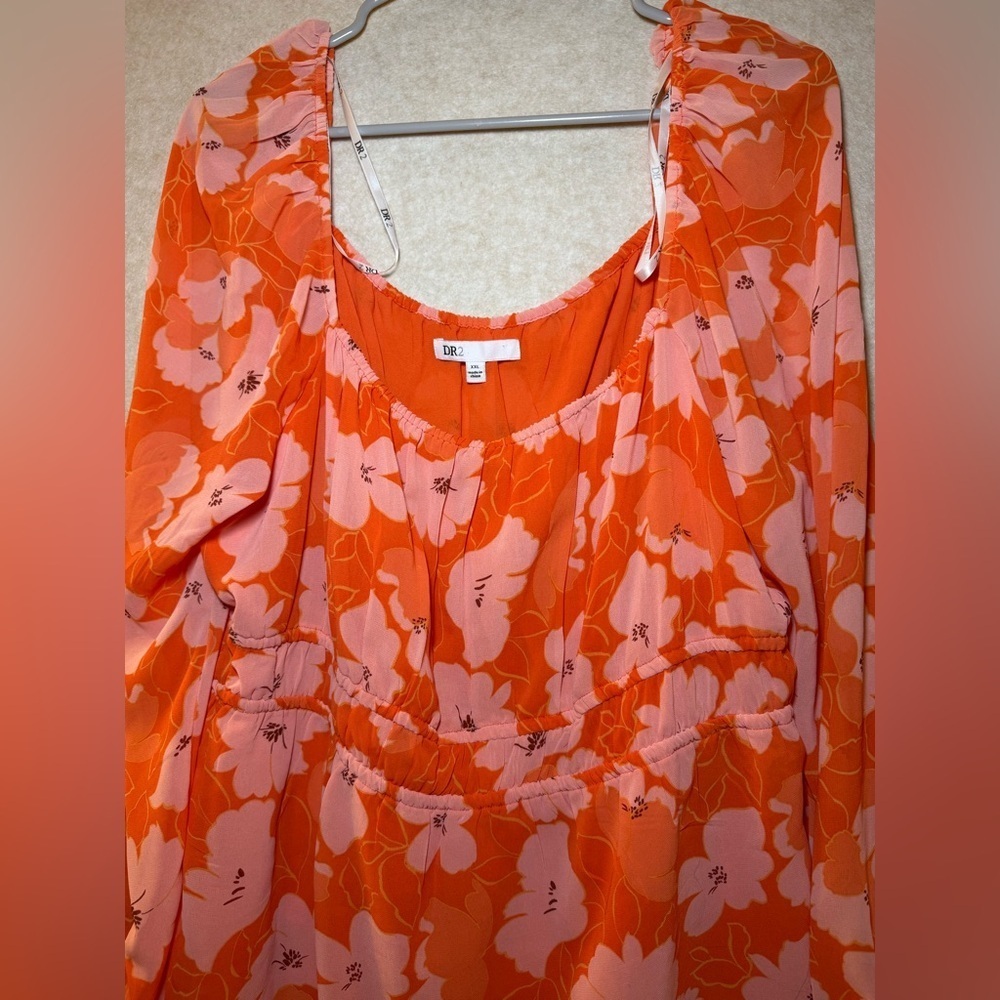 DR2 by Daniel Rainn Sheer Peasant Blouse Orange Pink Flower Design Size XXL - Picture 2 of 7